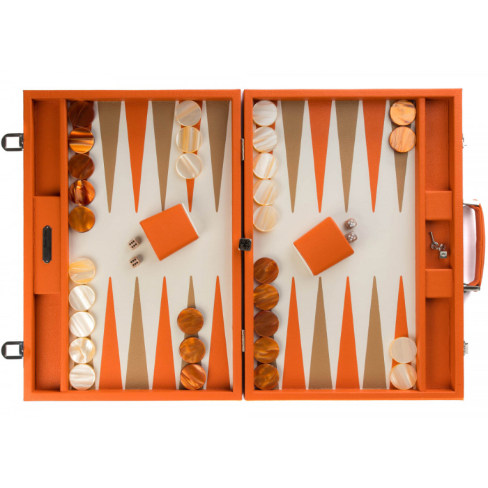 Exclusive backgammon set "Baptiste" made of leather, orange